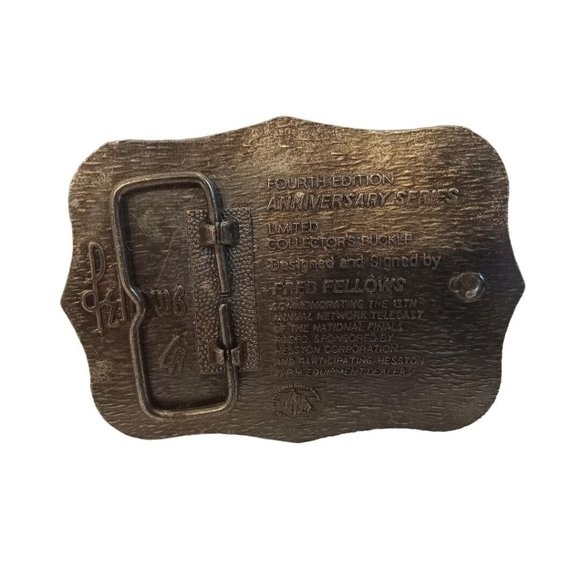 Hesston NFR Belt Buckle Metal Anniversary Series 1986 Signed By Fred Fellows - Picture 3 of 5
